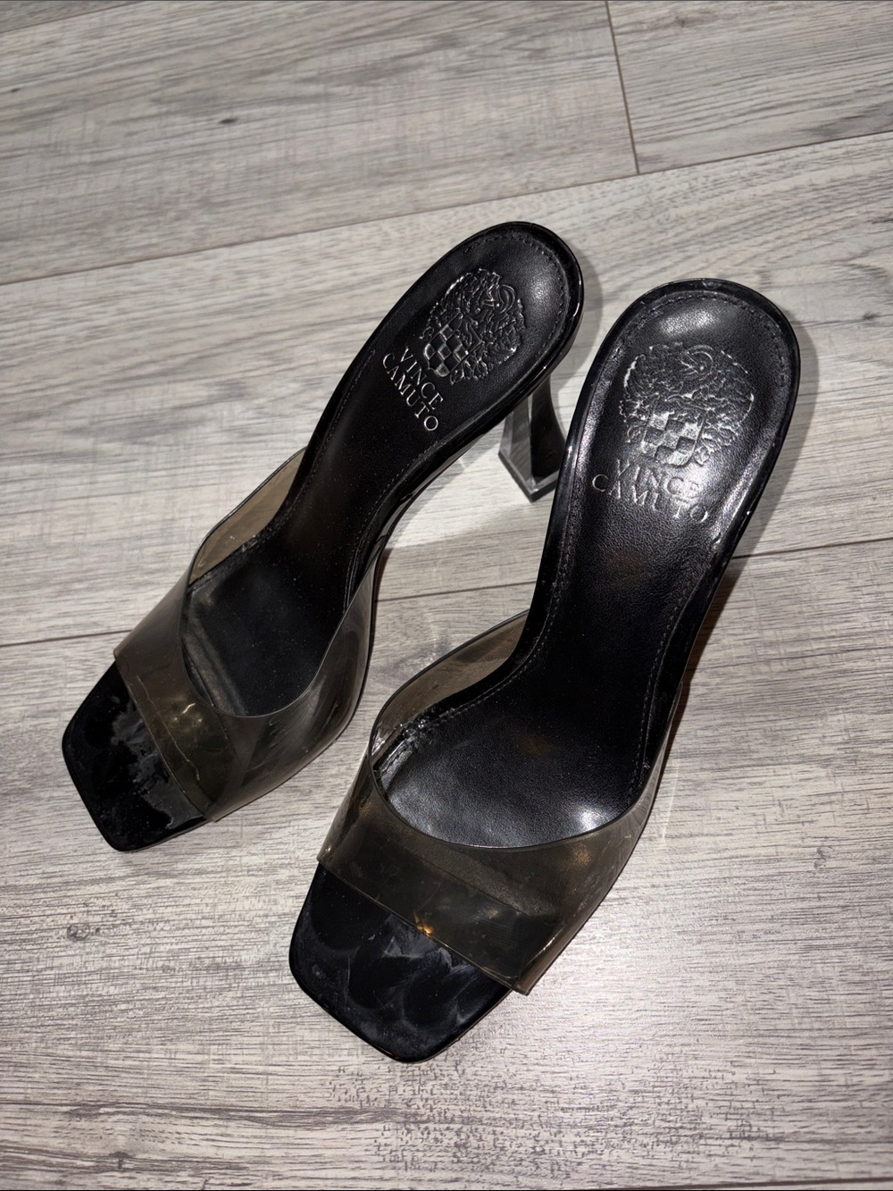 Vince Camuto Black Heeled Mules with Clear PVC Strap